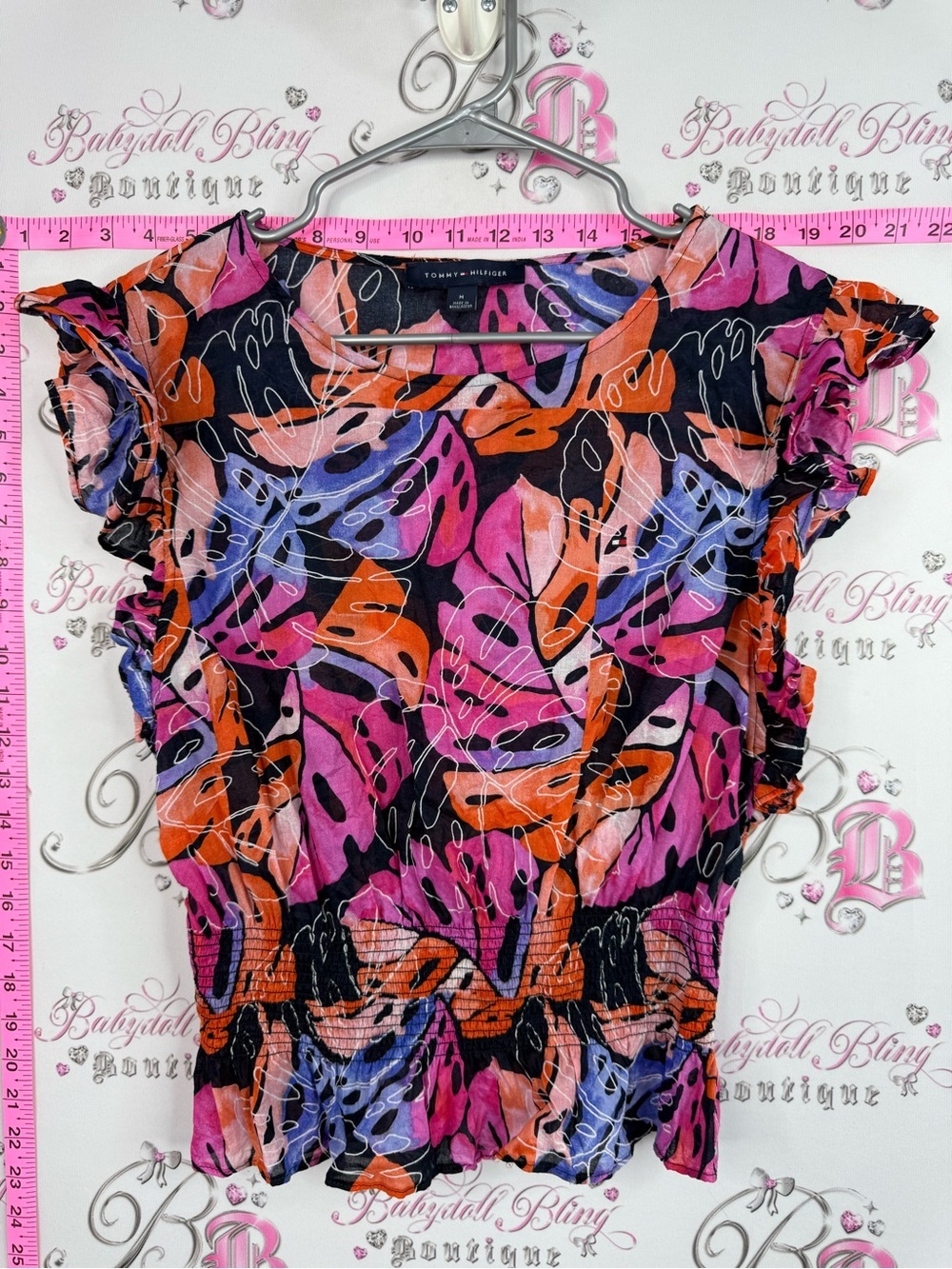 Tommy Hilfiger Black Pink Orange Purple Leaf Print Ruffle Sleeve Top